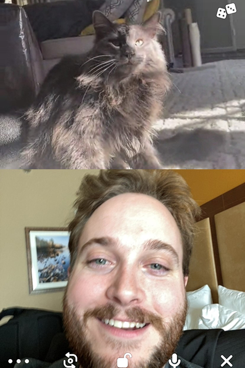 Sensor Operator Ian Gump on a video call with his cat Woofie