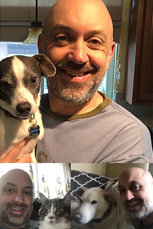 Tim Bohn with his dogs Tino (top) and Murphy (bottom right) and his cat Homer