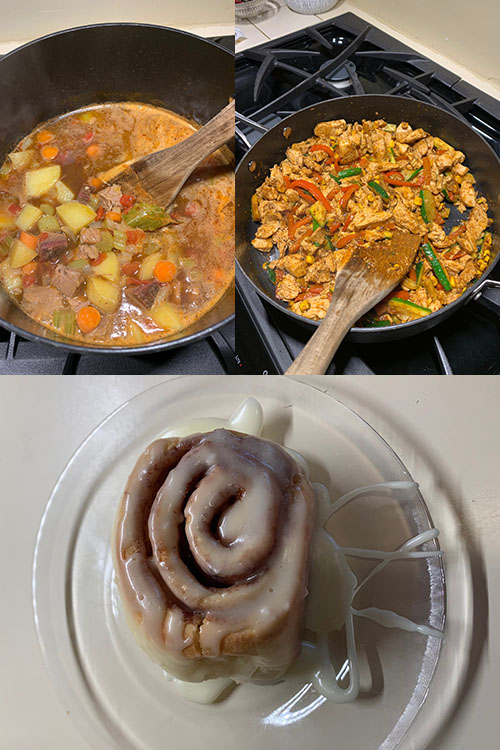 beef barley soup, southwest chicken, and cinnamon roll